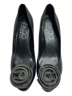 Paco Gil Black Leather Heels with Beaded Rosette Accent Sz 9